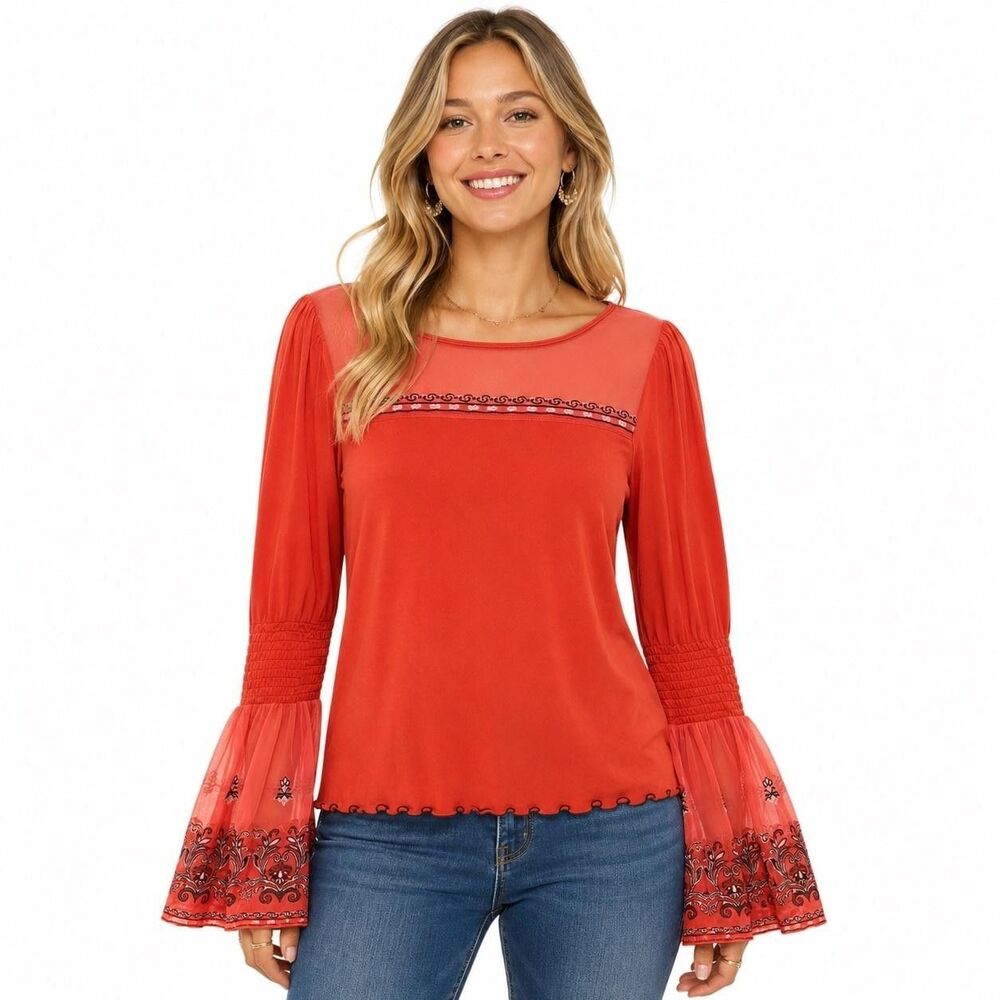 Free People Blouse Womens Small Orange Embroidered Sheer Bell Sleeve Boho Top